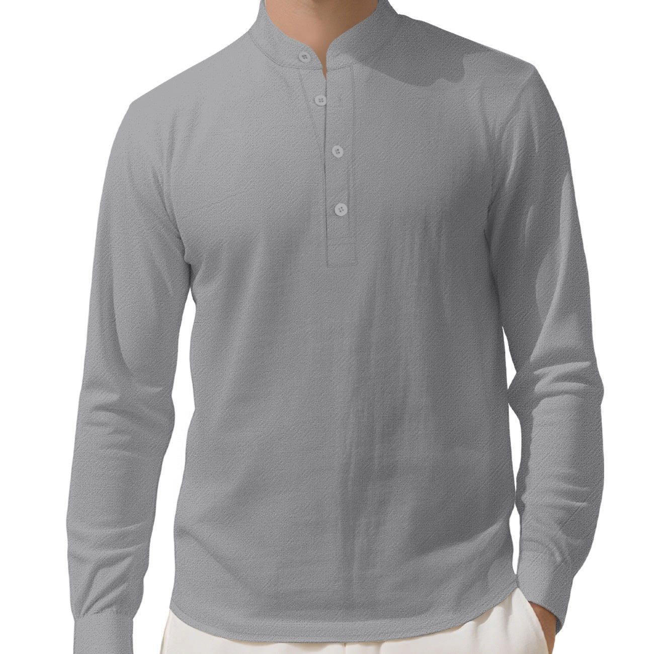 Men's Loose Linen Solid Color Long Sleeve Stand Collar Shirt
