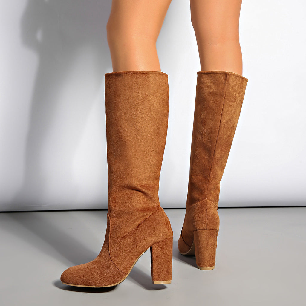 Suede Pleated High Thick Heel Pointed Toe Large Size Sleeve Boots