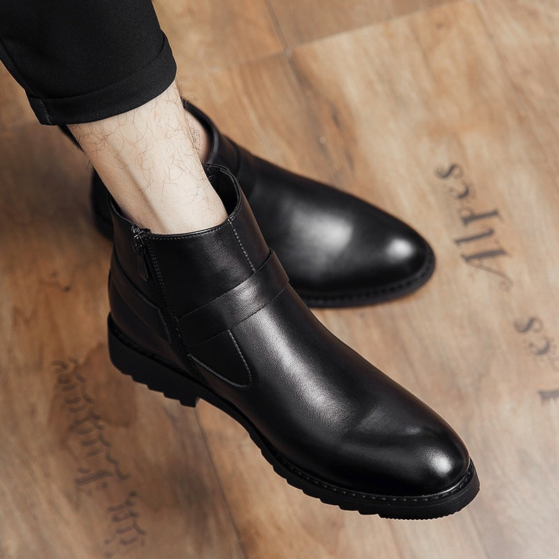 Zipper Pointed British Style High-top Large Size Leather Boots