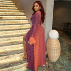 Women's Lightweight Sheer High-Low Skirt Round Neck Ruffled Long Sleeve Dress