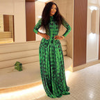 Retro Style Women's Pleated A-line High-neck Long Sleeve Printed Waist-defining Dress