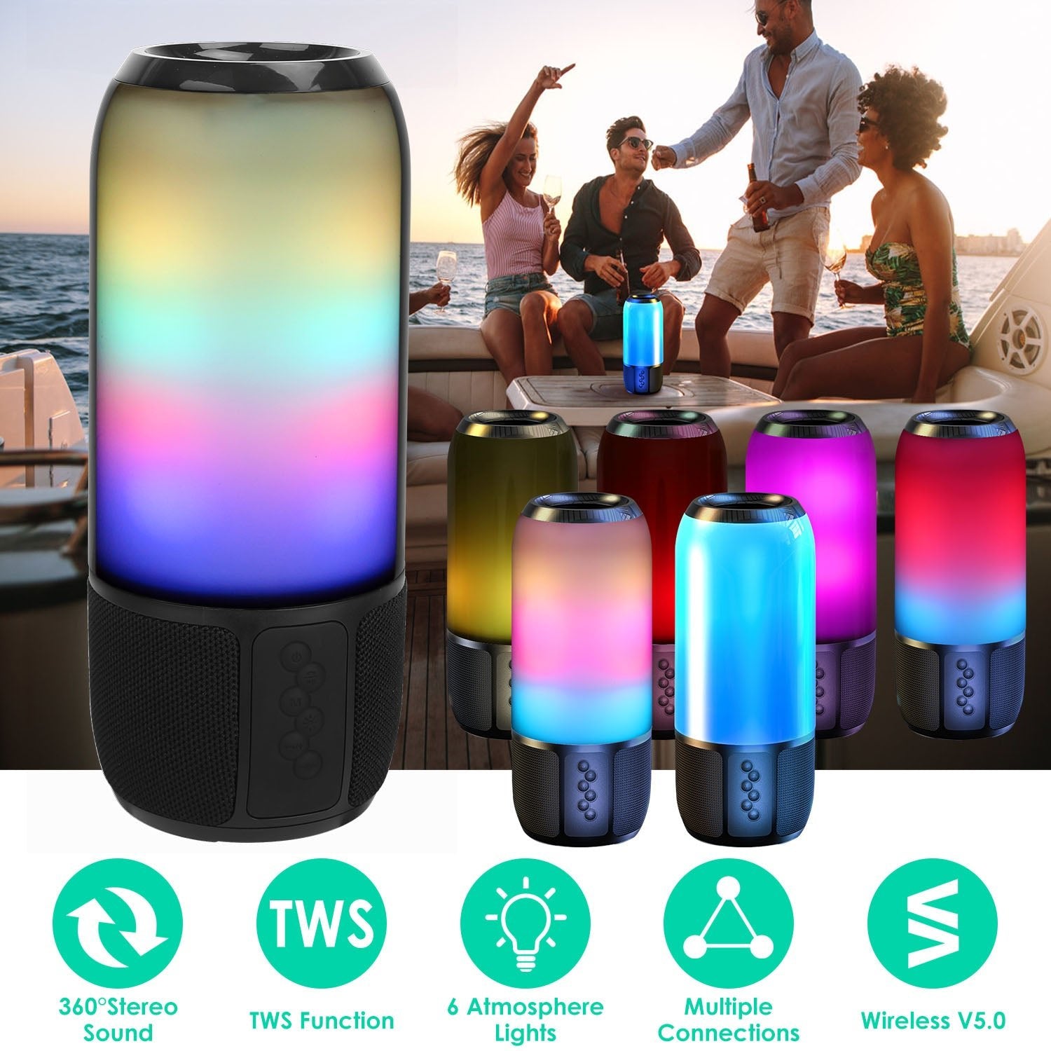1Pc Wireless Portable Speaker Loud Stereo Speaker With 6 Color Changing Lights Radio Party TWS Speaker For Home Outdoor Travelling - product type - NovaVisio