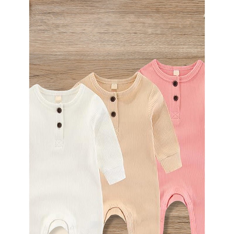 3 - Pack Baby Ribbed Rompers - Long Sleeve Button Front Jumpsuit, Newborn - 24M - product type - NovaVisio