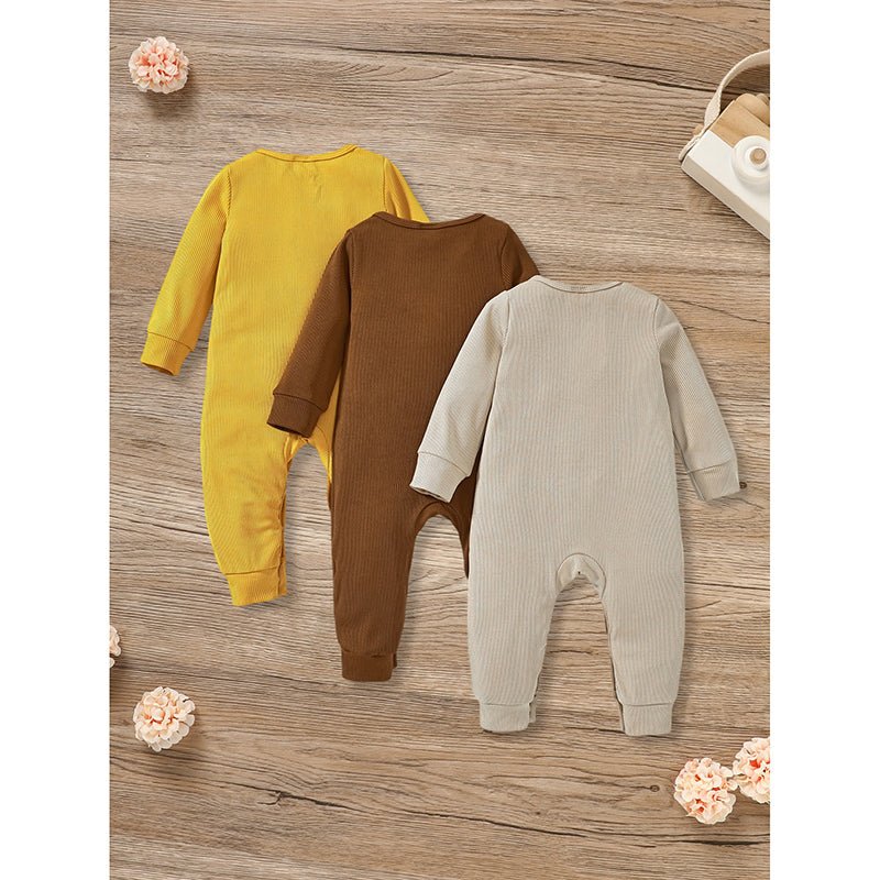 3 - Pack Baby Ribbed Rompers - Long Sleeve Button Front Jumpsuit, Newborn - 24M - product type - NovaVisio