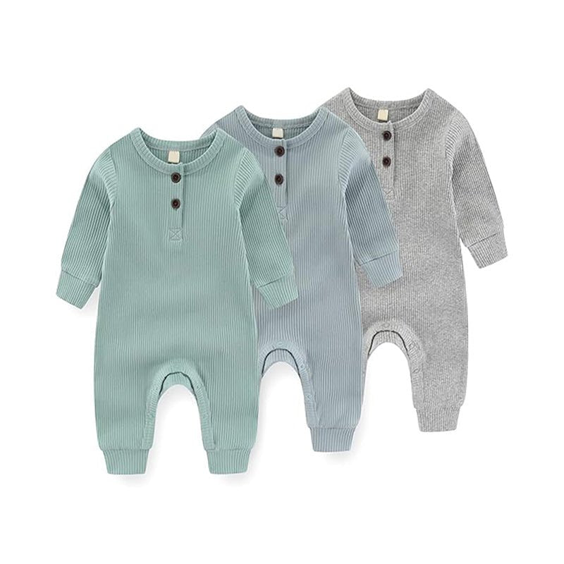 3 - Pack Baby Ribbed Rompers - Long Sleeve Button Front Jumpsuit, Newborn - 24M - product type - NovaVisio