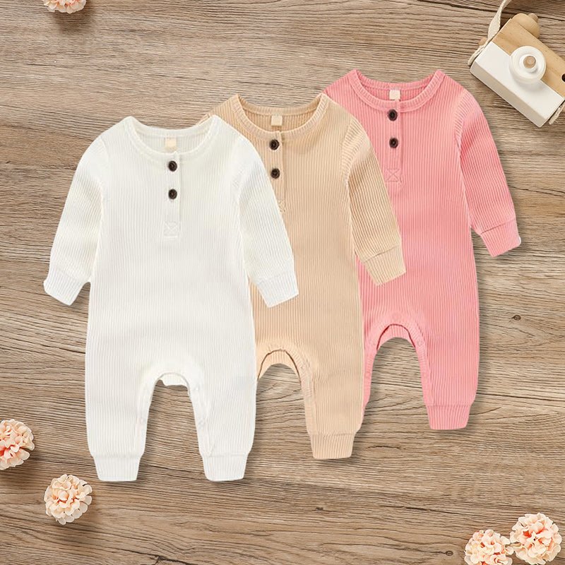 3 - Pack Baby Ribbed Rompers - Long Sleeve Button Front Jumpsuit, Newborn - 24M - product type - NovaVisio