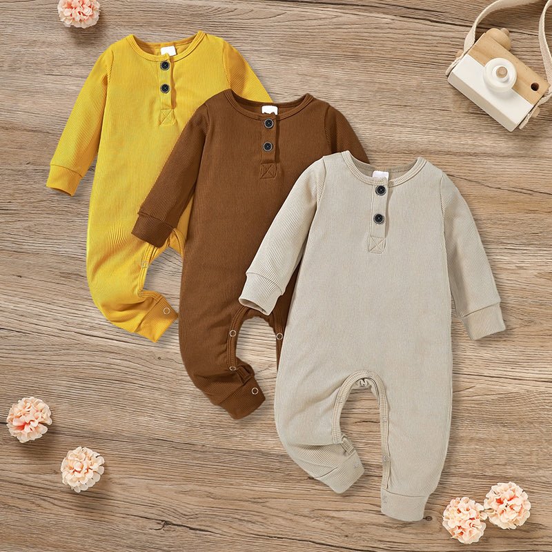 3 - Pack Baby Ribbed Rompers - Long Sleeve Button Front Jumpsuit, Newborn - 24M - product type - NovaVisio