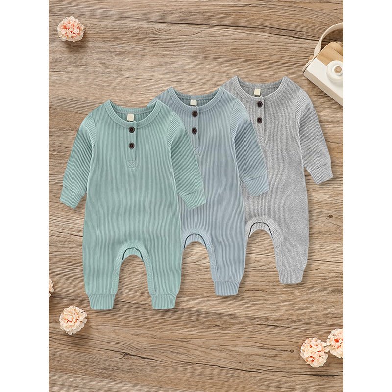 3 - Pack Baby Ribbed Rompers - Long Sleeve Button Front Jumpsuit, Newborn - 24M - product type - NovaVisio
