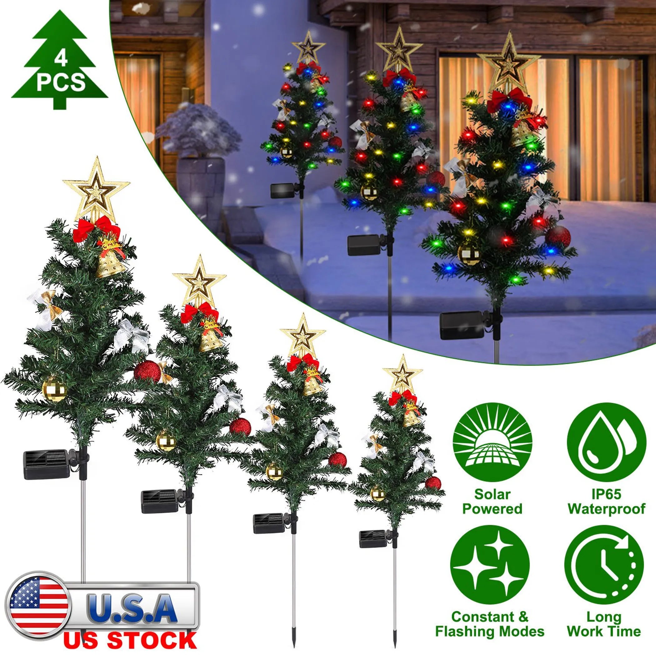 4Packs Solar Christmas Tree Lights Xmas Garden Decorations Tree Stake Lamp