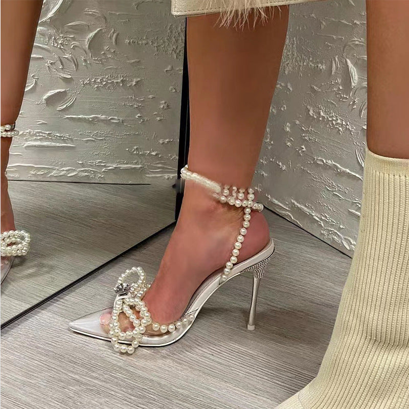 European And American Transparent Crystal Pearl Bow Head Sandals For Women