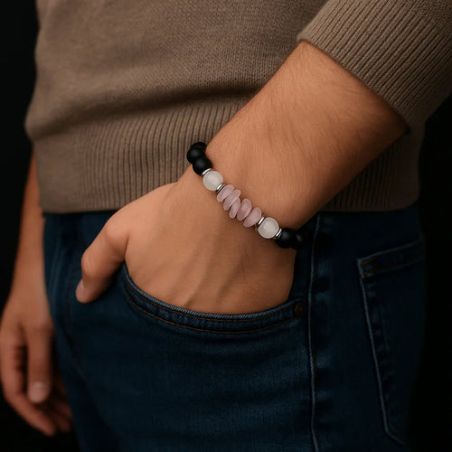 Handmade Natural black onyx and pink chip stone Bead Bracelet