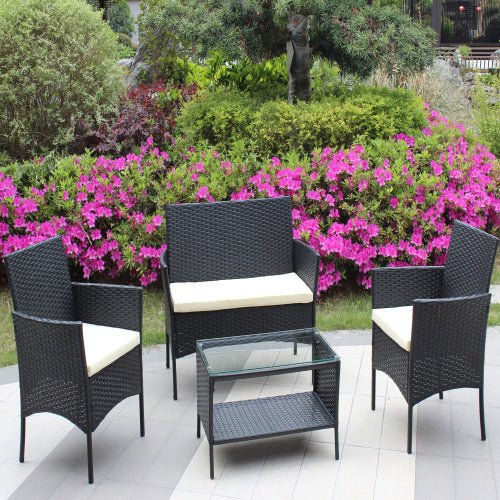 4 PC Rattan Patio Furniture Set Outdoor Patio Cushioned Seat Wicker Sofa Beige Cushion - product type - NovaVisio