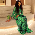 Retro Style Women's Pleated A-line High-neck Long Sleeve Printed Waist-defining Dress