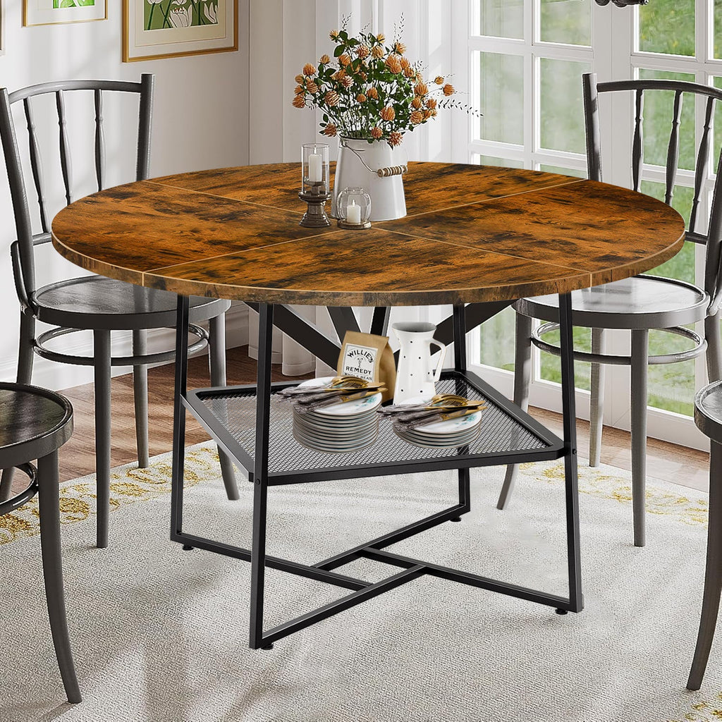51" Round Dining Table for 4 - 6 - Tiger Stripe Black Wood with Storage Shelf - product type - NovaVisio