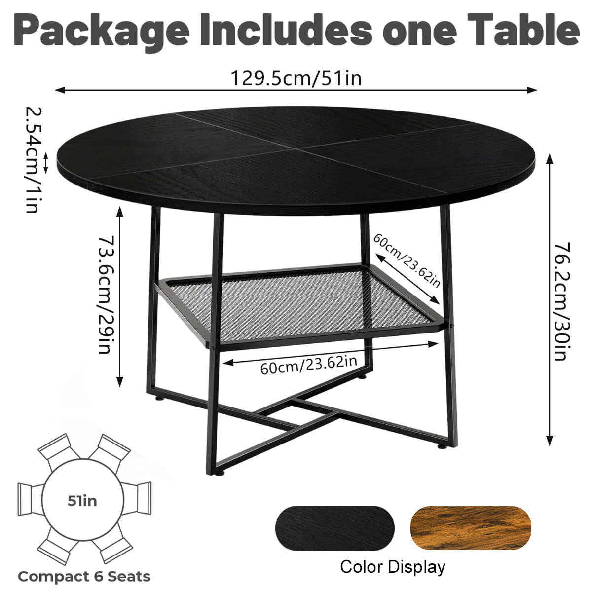 51" Round Dining Table for 4 - 6 - Tiger Stripe Black Wood with Storage Shelf - product type - NovaVisio