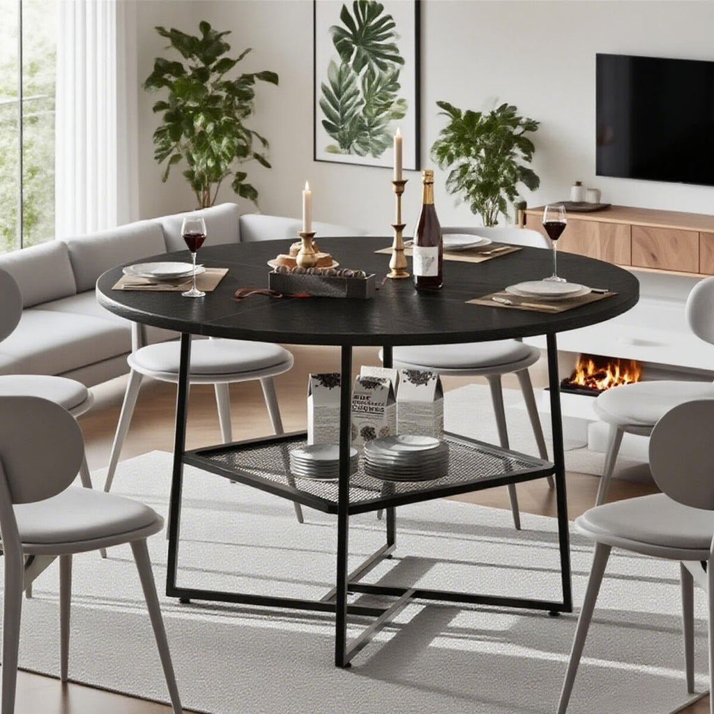51" Round Dining Table for 4 - 6 - Tiger Stripe Black Wood with Storage Shelf - product type - NovaVisio