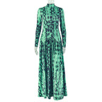 Retro Style Women's Pleated A-line High-neck Long Sleeve Printed Waist-defining Dress