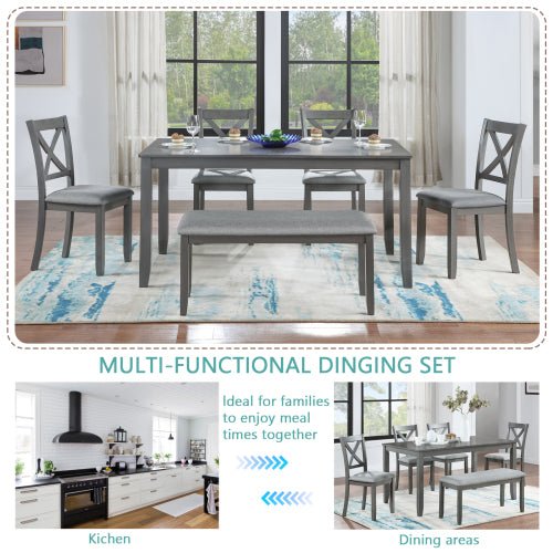 6 - Piece Kitchen Dining Set - Rectangular Wooden Table with 4 Chairs & Bench Gray - product type - NovaVisio