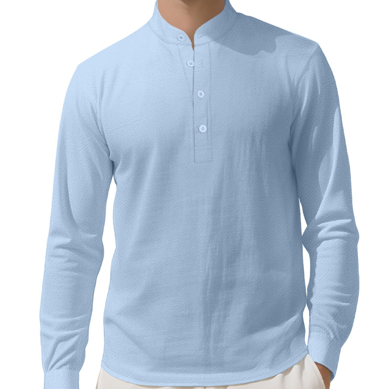 Men's Loose Linen Solid Color Long Sleeve Stand Collar Shirt
