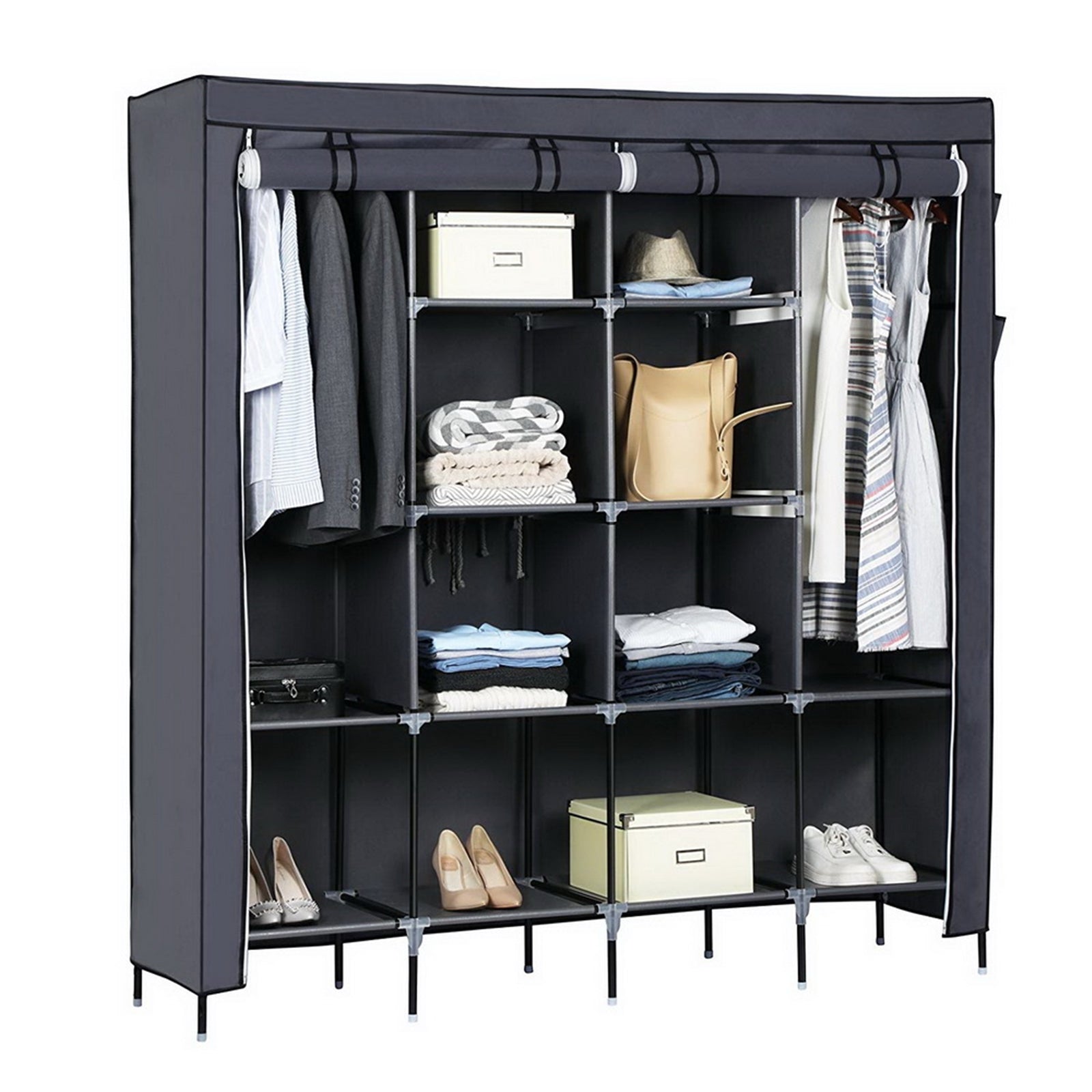 67" Portable Clothes Closet Wardrobe - 12 Shelves & 4 Side Pockets Storage Organizer | Gray - product type - NovaVisio