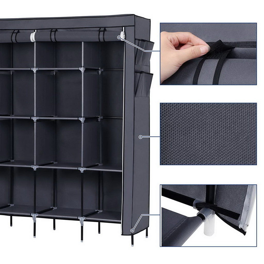 67" Portable Clothes Closet Wardrobe - 12 Shelves & 4 Side Pockets Storage Organizer | Gray - product type - NovaVisio
