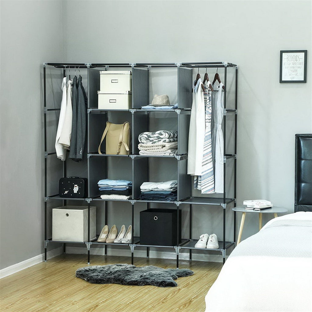 67" Portable Clothes Closet Wardrobe - 12 Shelves & 4 Side Pockets Storage Organizer | Gray - product type - NovaVisio