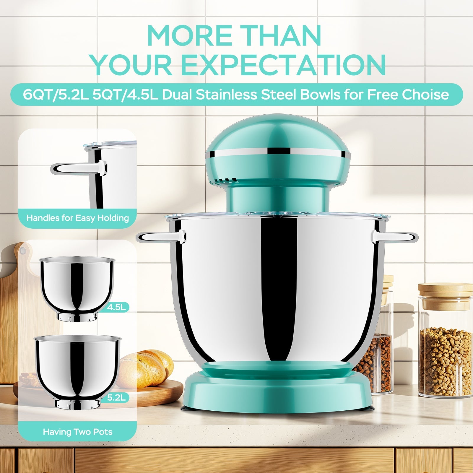 6QT & 5QT Dual Bowl Stand Mixer - 10 Speed Tilt - Head with Timer & Attachments | Blue - product type - NovaVisio