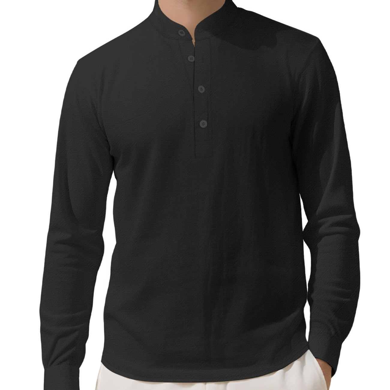 Men's Loose Linen Solid Color Long Sleeve Stand Collar Shirt