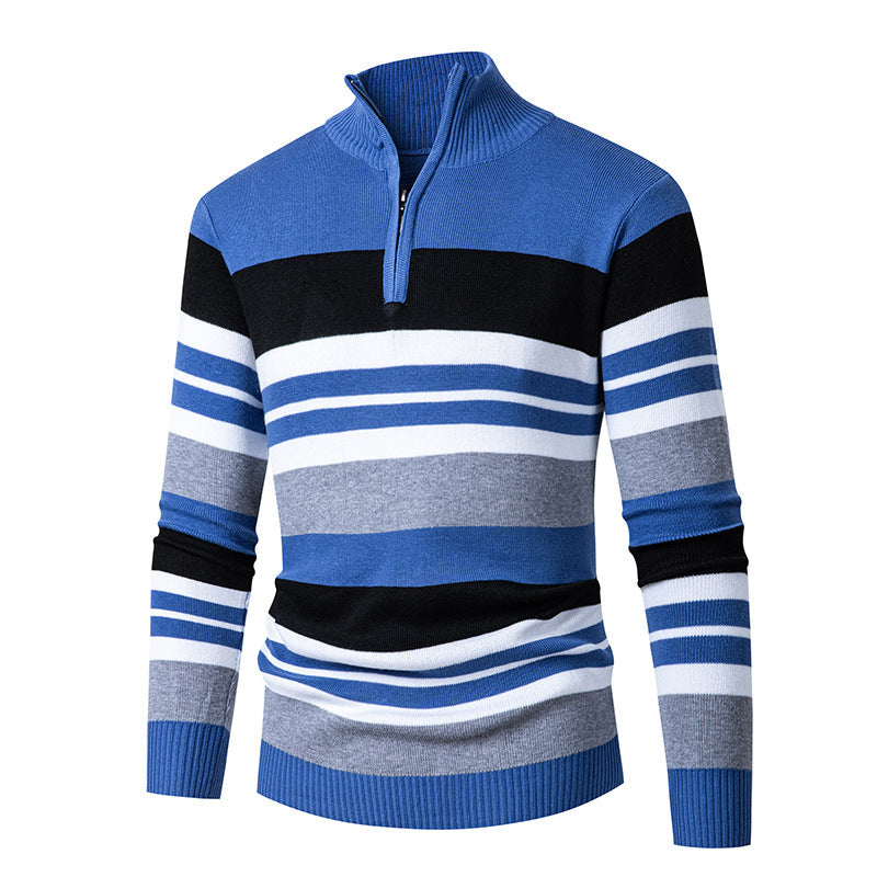 Casual Men's Long-sleeve Half-turtleneck Zip-up Versatile Striped Sweater
