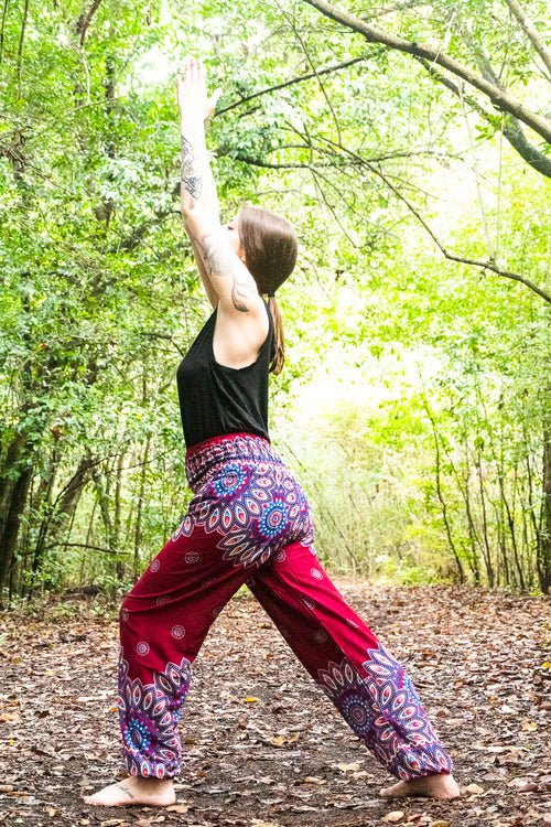 Burgundy FLORAL MANDALA Women Boho Pants Hippie Pants Yoga - product type - NovaVisio