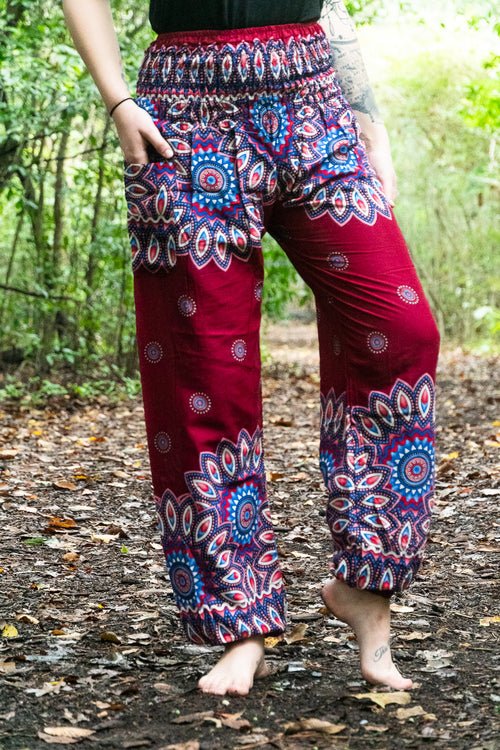 Burgundy FLORAL MANDALA Women Boho Pants Hippie Pants Yoga - product type - NovaVisio