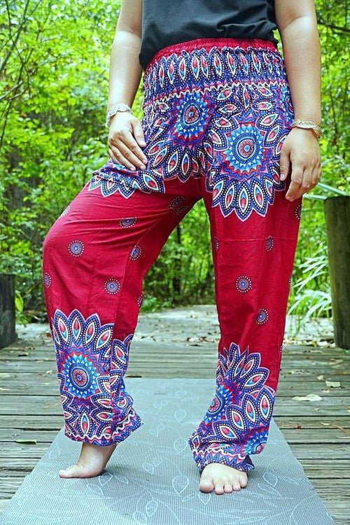 Burgundy FLORAL MANDALA Women Boho Pants Hippie Pants Yoga - product type - NovaVisio