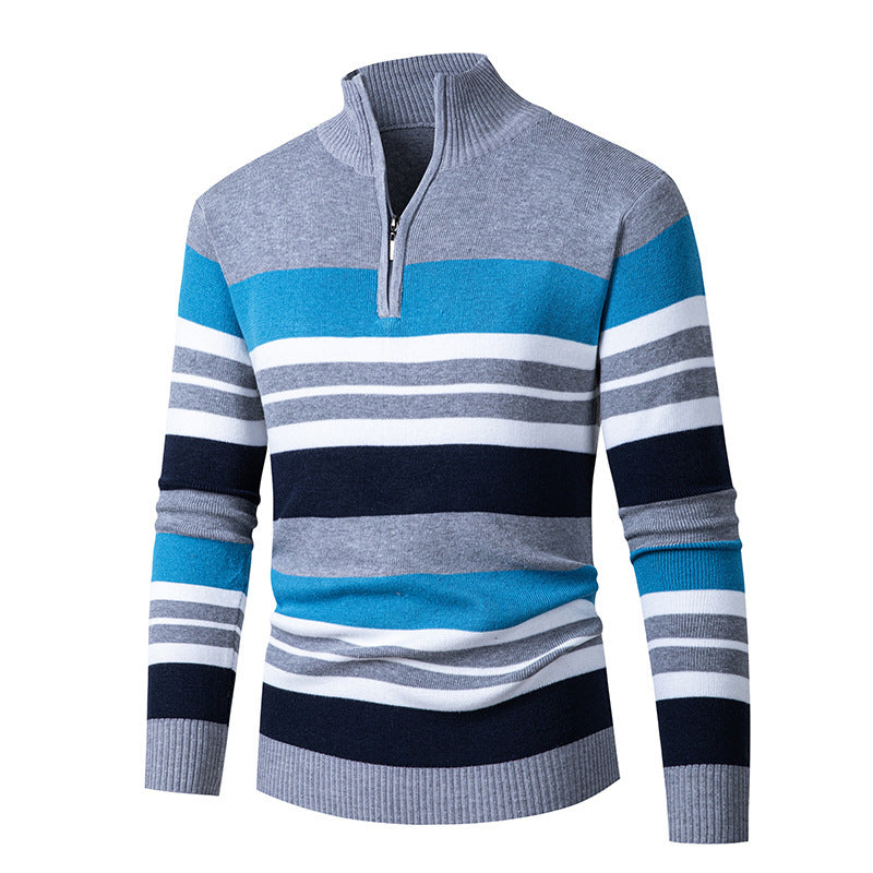 Casual Men's Long-sleeve Half-turtleneck Zip-up Versatile Striped Sweater