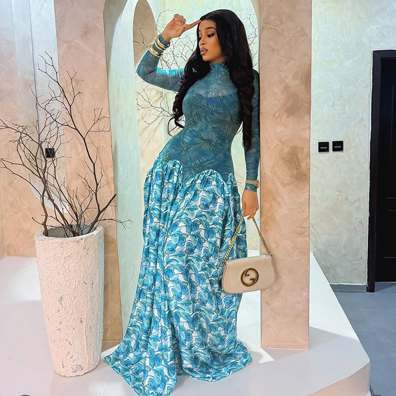 Women's Micro-transparent A-line High-neck Elastic Slim-fit Long-sleeve Dress