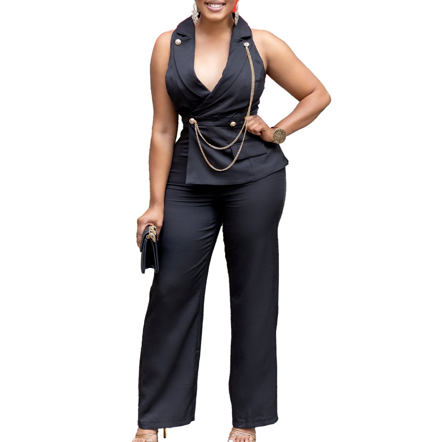 Chain - Decorated Wide - Leg Jumpsuit - Suit Collar African Style, 3 Colors - product type - NovaVisio