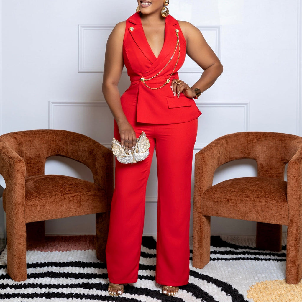 Chain - Decorated Wide - Leg Jumpsuit - Suit Collar African Style, 3 Colors - product type - NovaVisio