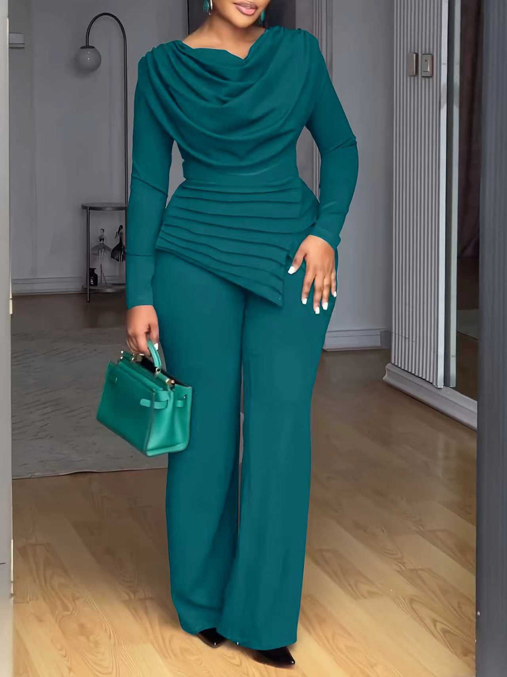 Cropped Top & Flared Pants Set - Pleated 2 - Piece Casual Outfit, 4 Colors - product type - NovaVisio