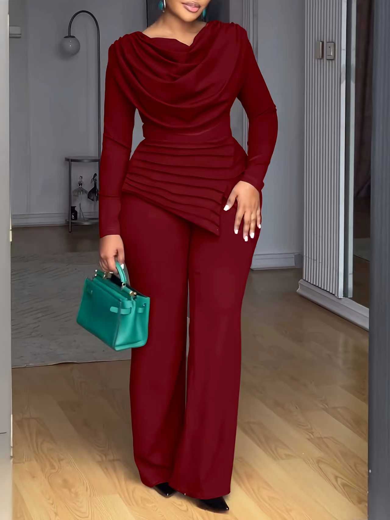 Cropped Top & Flared Pants Set - Pleated 2 - Piece Casual Outfit, 4 Colors - product type - NovaVisio