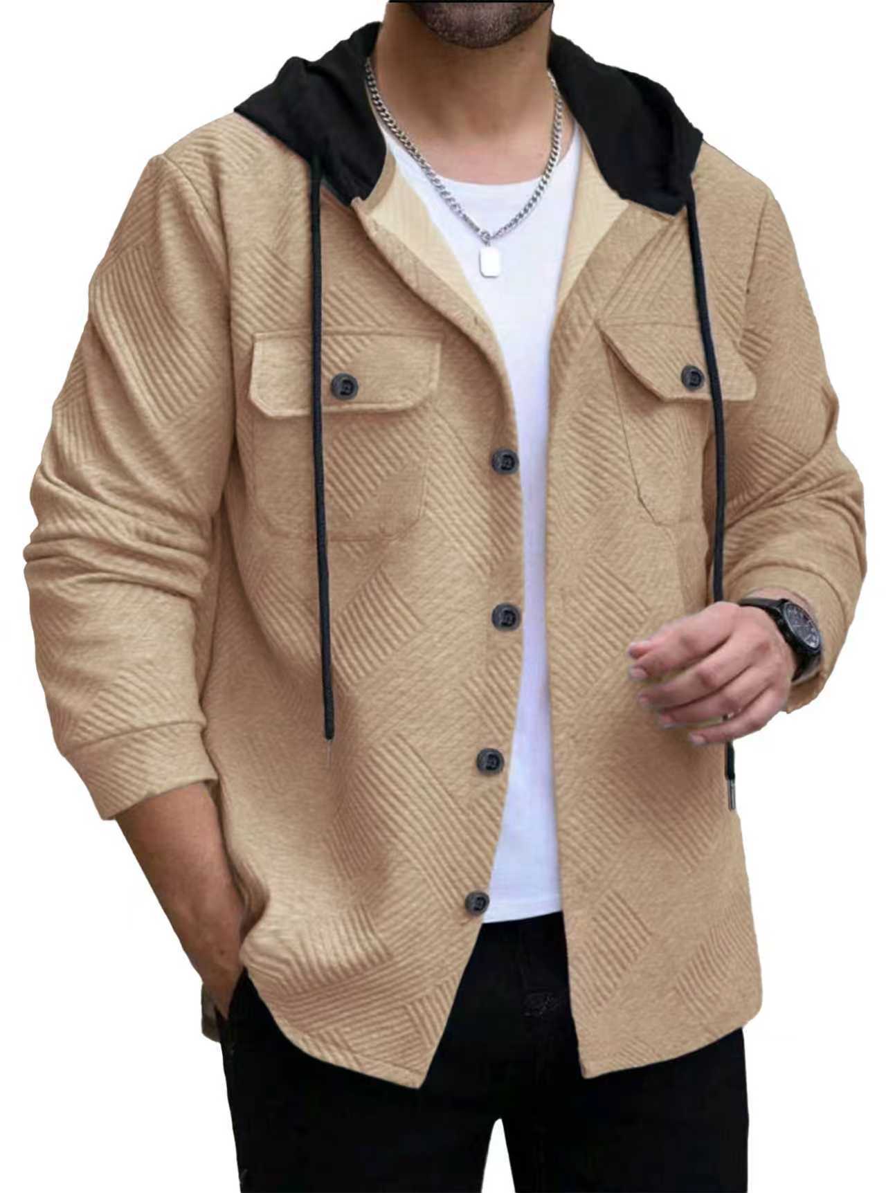 Men's Casual Sporty Color-block Hooded Button-up Jacquard Pocket Jacket
