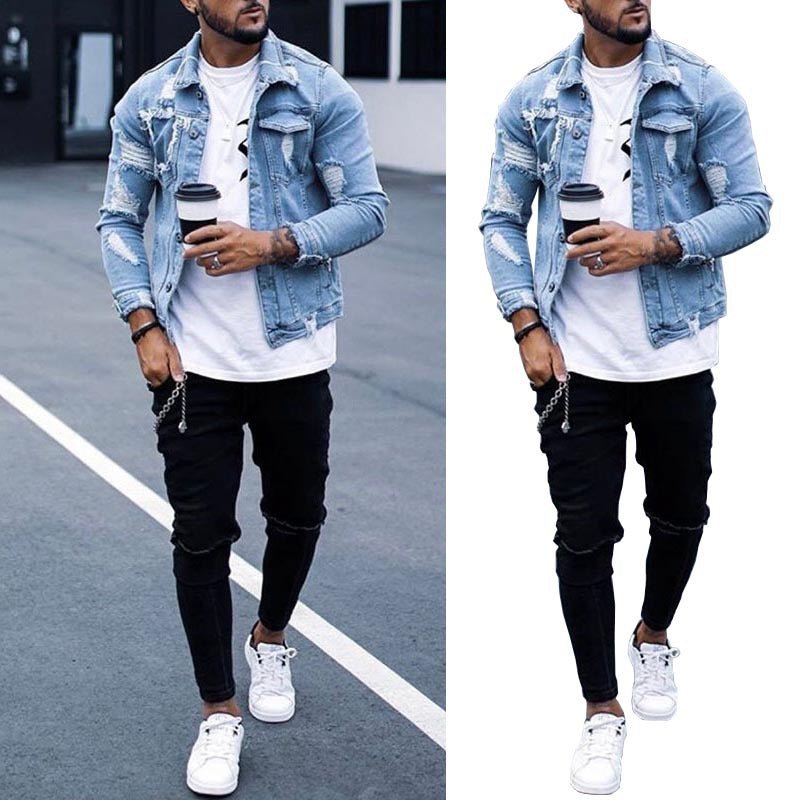Lapel Men's Denim Jacket Ripped Irregular Washed Jacket - product type - NovaVisio