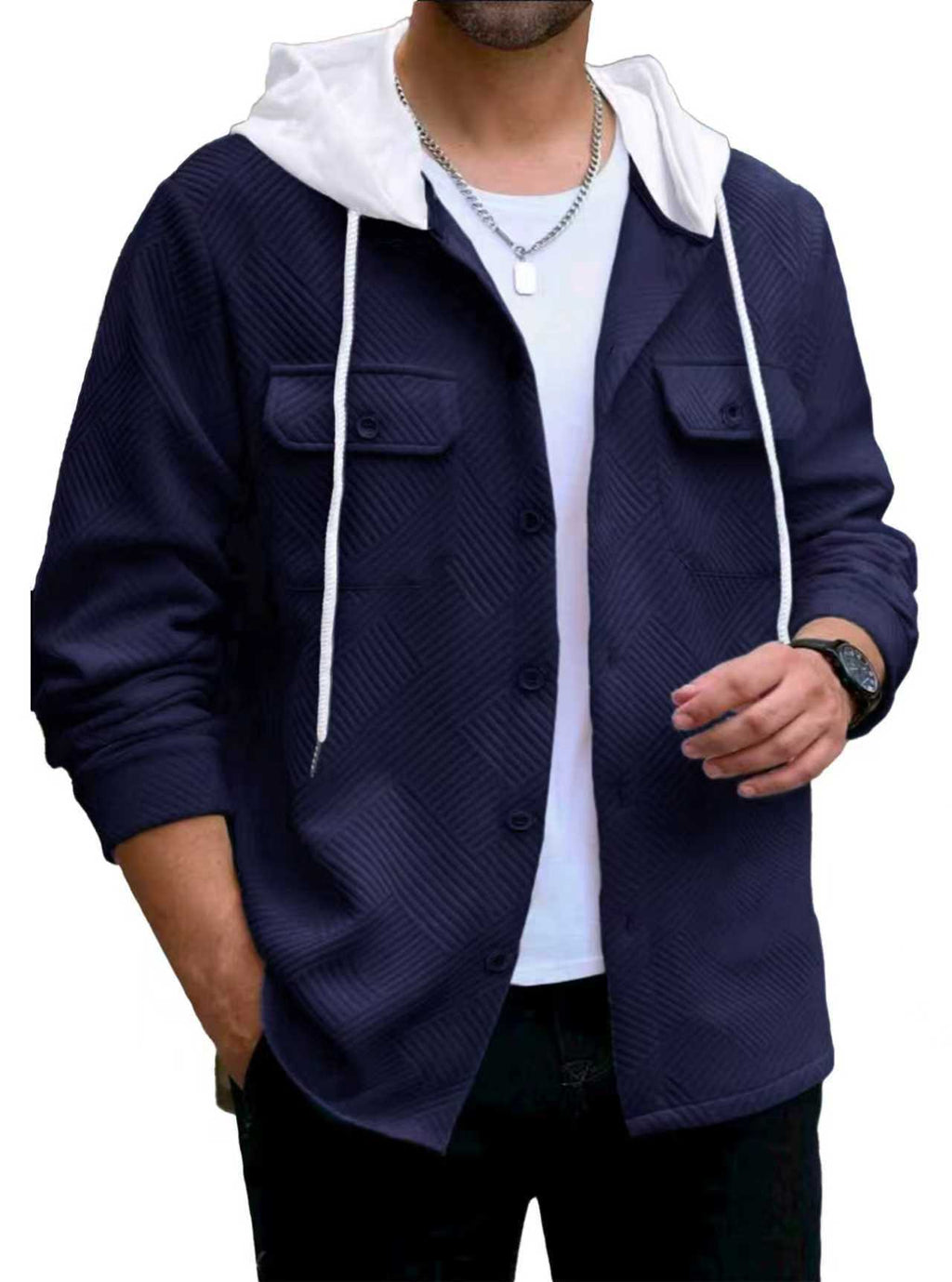 Men's Casual Sporty Color - block Hooded Button - up Jacquard Pocket Jacket - product type - NovaVisio