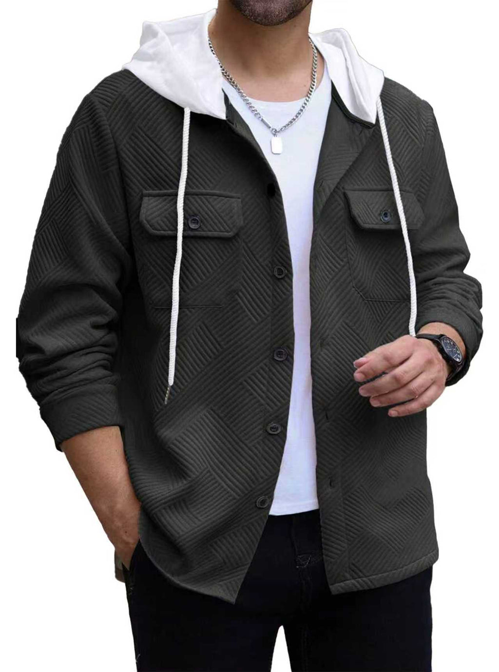 Men's Casual Sporty Color - block Hooded Button - up Jacquard Pocket Jacket - product type - NovaVisio