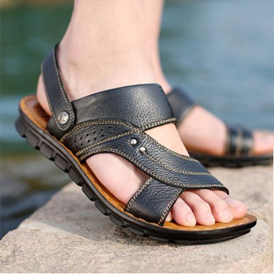Men's Leather Sandals - Adjustable Back Strap Summer Beach Slides - product type - NovaVisio