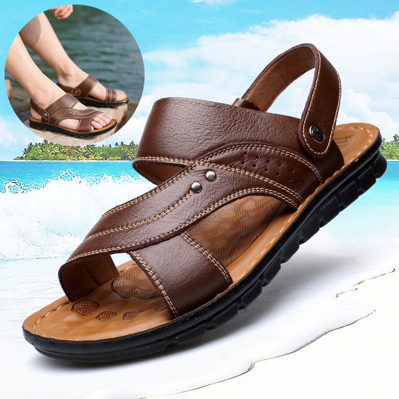 Men's Leather Sandals - Adjustable Back Strap Summer Beach Slides - product type - NovaVisio