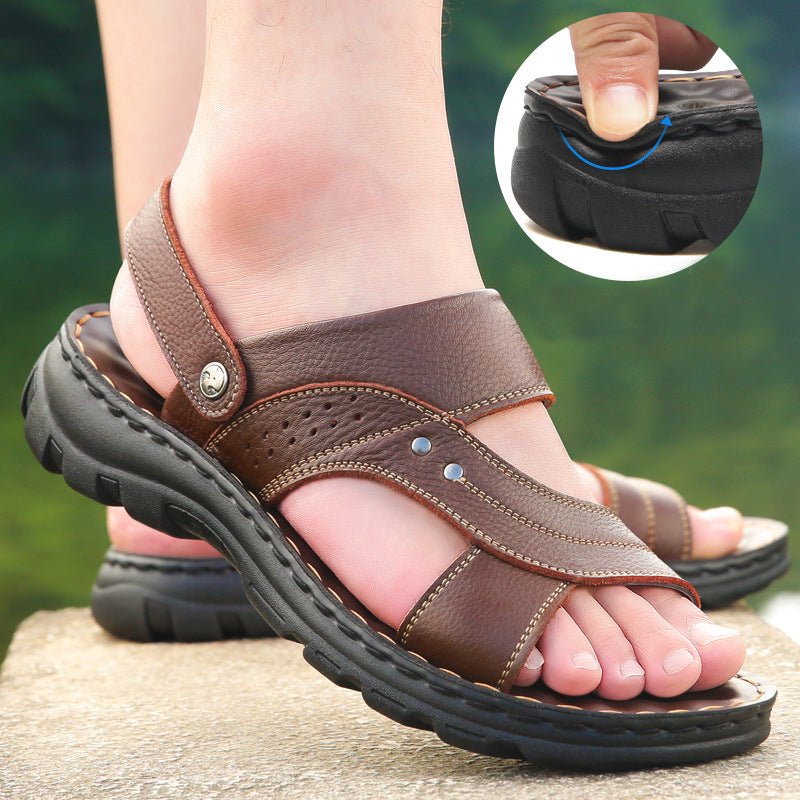 Men's Leather Sandals - Adjustable Back Strap Summer Beach Slides - product type - NovaVisio