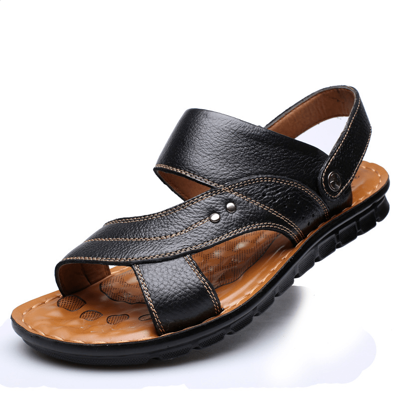 Men's Leather Sandals - Adjustable Back Strap Summer Beach Slides - product type - NovaVisio