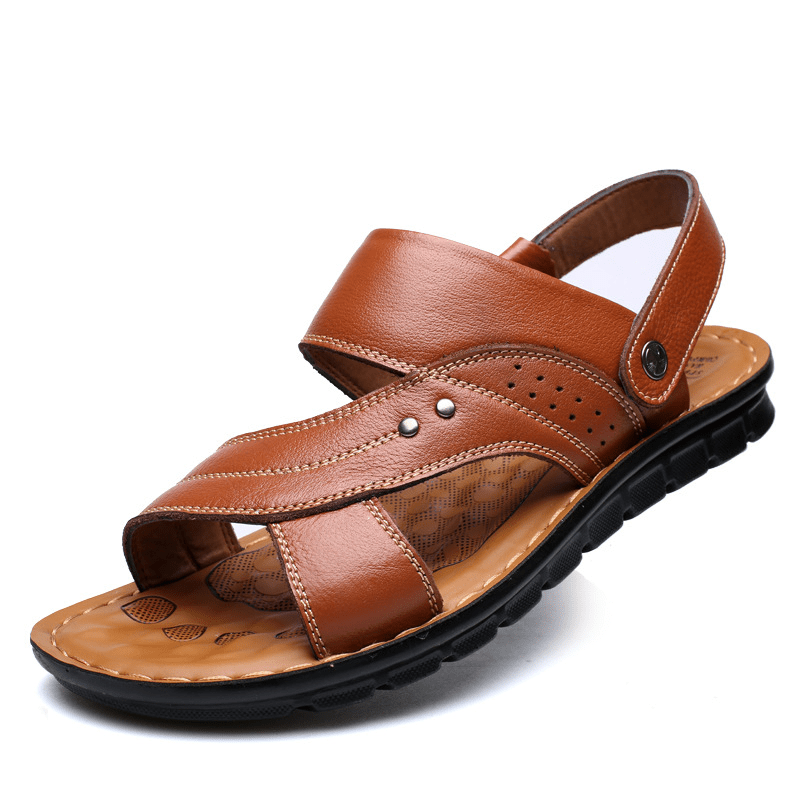 Men's Leather Sandals - Adjustable Back Strap Summer Beach Slides - product type - NovaVisio
