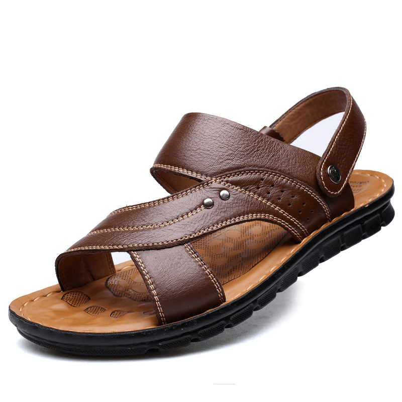 Men's Leather Sandals - Adjustable Back Strap Summer Beach Slides - product type - NovaVisio