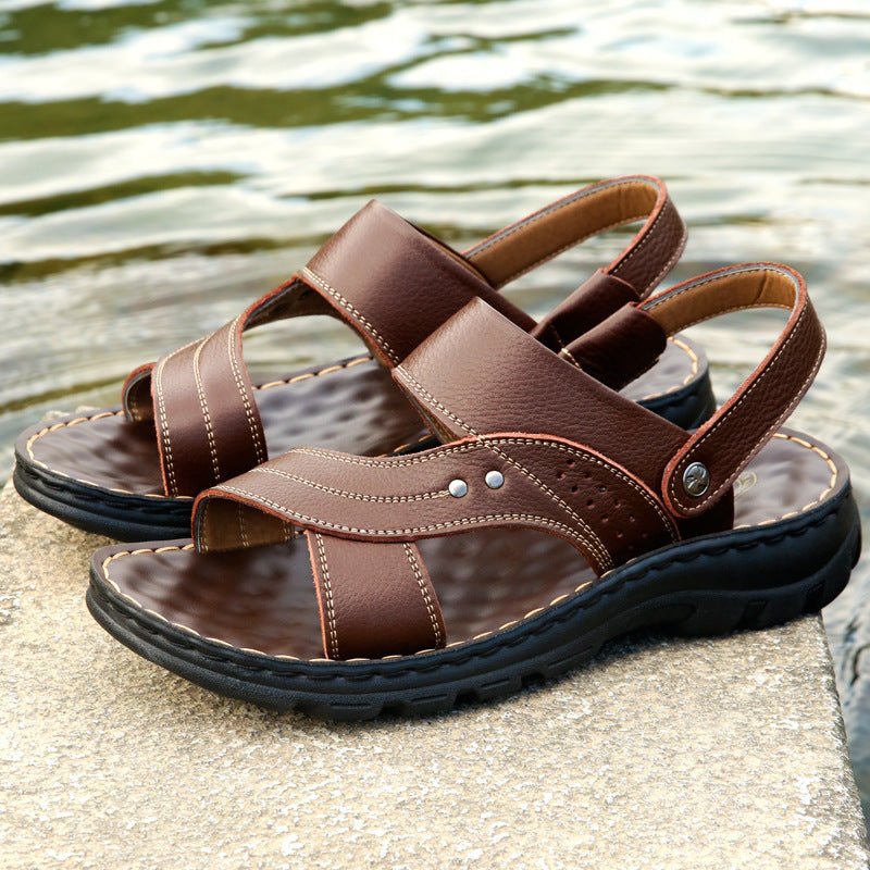 Men's Leather Sandals - Adjustable Back Strap Summer Beach Slides - product type - NovaVisio