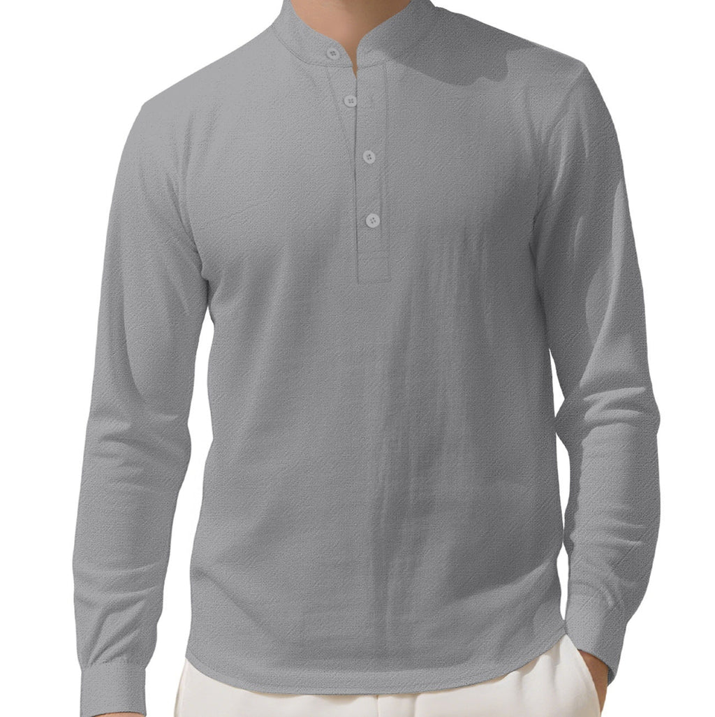 Men's Loose Linen Solid Color Long Sleeve Stand Collar Shirt - product type - NovaVisio